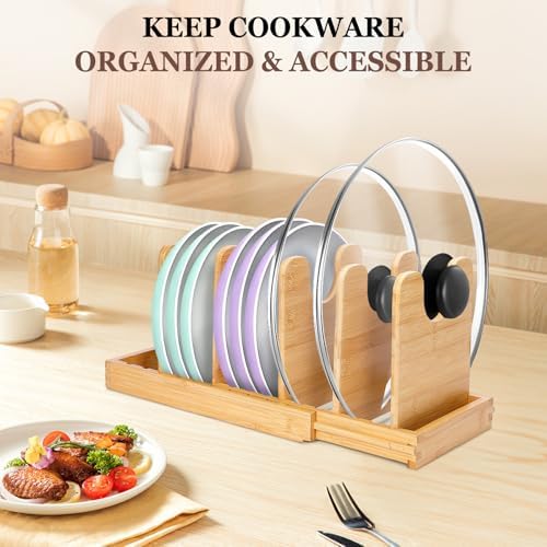 Bamboo Expandable Pot Lid Organizer, Pots and Pans Holder Rack for Cabinet
