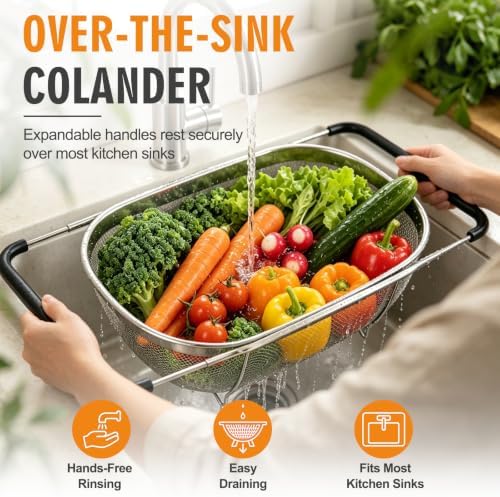 Palksky Over the Sink Colander, Stainless Steel Fine Mesh, 6 Quart 2 Pack