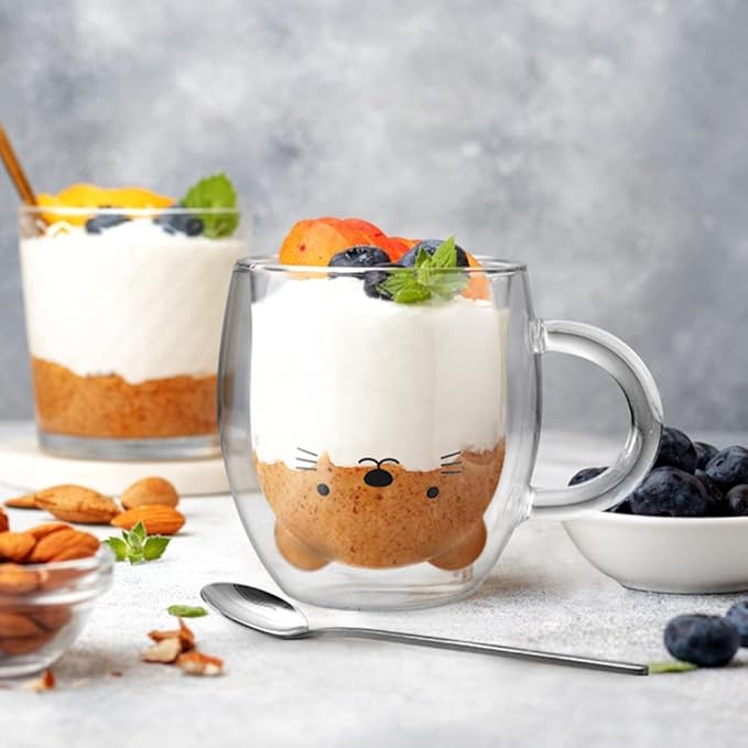 ecooe Cute Bear Mug Glass Coffee Cup 9.8oz Double Walled Glass Mug Cappuccino Latte Glass Cup with Handle Spoon, Milk Tea Bear Cup Birthday Christmas Valentine's Day Gifts for Women Kids Girls Friends