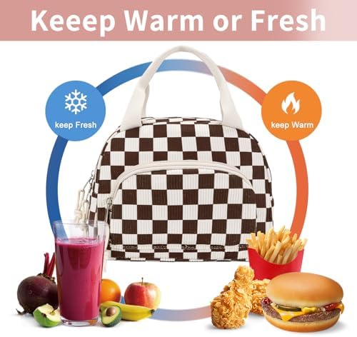 Lunch Bag Women Lunch Box for Women Adult Cute Insulated Lunch Bag Small Cooler Lunch Tote Bags for Work Picnic School (Coffee-White Plaid)