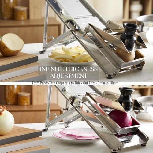 ICO by Bron Coucke Professional Mandoline Slicer by Tellier with Hand Guard – Heavy Duty Stainless Steel Mandoline Slicer – Adjustable Built-in Straight, Julienne, & Crinkle Blades – Crafted in France