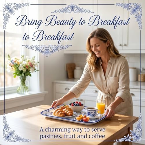 Vesici 4 Pack Blue White Melamine Serving Trays, 13 x 10 Inch Platters