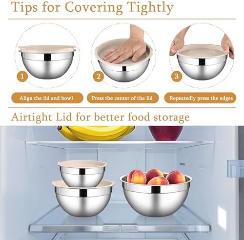 LIANYU Mixing Bowls with Lids Set, 3 Packs Stainless Steel Metal Bowls