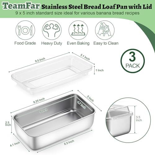 TeamFar Loaf Pan for Baking Bread, 9 x 5 Inch Bread Pan with Lid, Set of 3