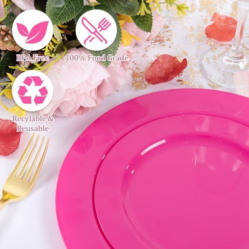 FLOWERCAT 60PCS Hot Pink Disposable Party Plates Set – 30 pcs 10.25″ Dinner Plates & 30 pcs 7.5″ Dessert Plates for Spring Parties, Valentine’s Day, Wedding – Sturdy & Stylish Tableware