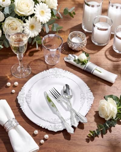 Nervure 350Pcs Silver Plastic Plates, Plastic Dinnerware Set for 50 Guests