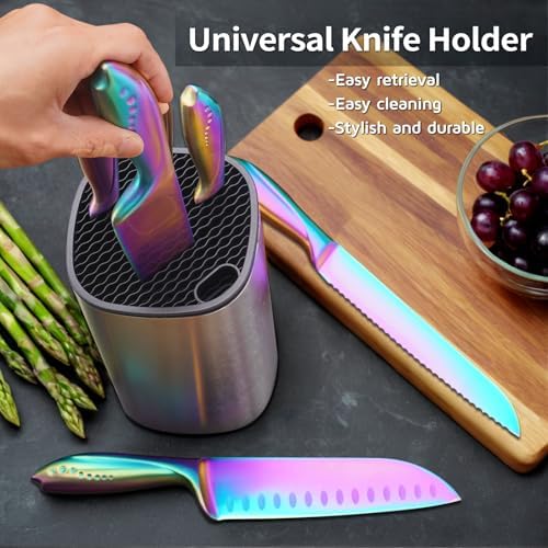 WELLSTAR Rainbow Knife Set - 7-Piece Iridescent German High-Carbon Stainless Steel Kitchen Knives with Universal Knife Block, Colorful Kitchen Cutlery for Cooking and Food Prep