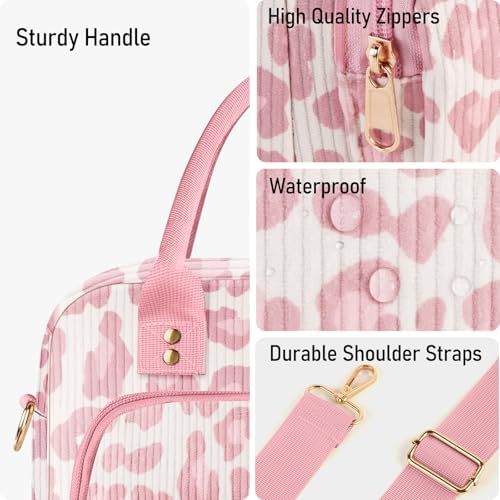 Lunch Bag Large Insulated Lunch Box for Women Adult Cute Pink Leopard Lunchbox Corduroy Lunch Bags Boxes Pail with Shoulder Strap for Work Mom Picnic Office Travel 11.4×6.8×9.1 inches 11.5L