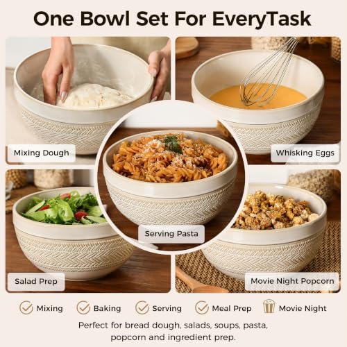 Ceramic Mixing Bowls Set of 3, Large Nesting Serving Bowls