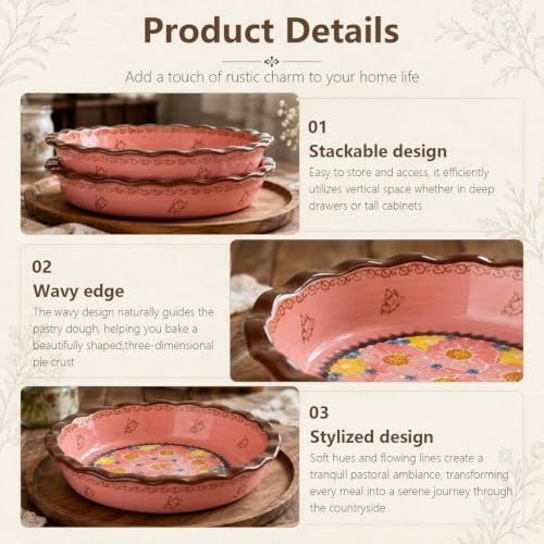 Ceramic Pie Pan for Baking, 10.6 inch Hand-Painted Pie Plate for Cooking, 37 oz Deep Dish Pie Pans, Non-Stick Pie Dishes for Apple Pie, Tart, Pizza, Quiche, Oven & Dishwasher Safe, Lead-Free, Pink