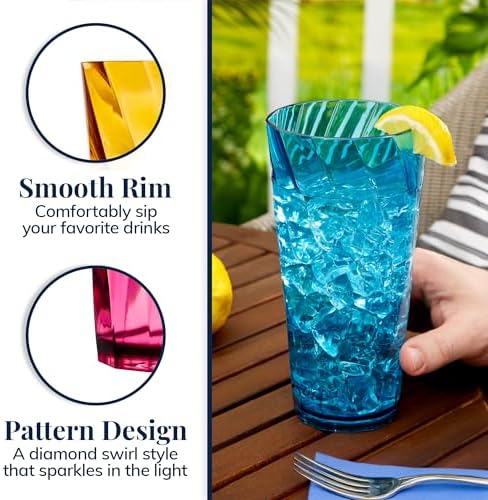 US Acrylic Optix Plastic Reusable Drinking Glasses (Set of 8) 26oz Iced-Tea Cups in Jewel Tone Colors | BPA-Free Tumblers, Made in USA | Top-Rack Dishwasher Safe