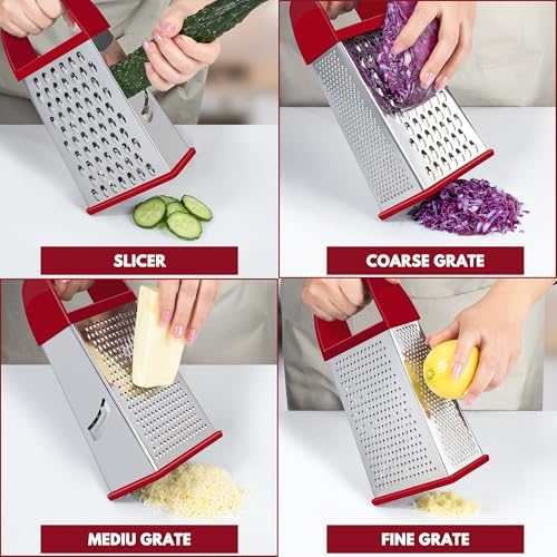 Urbanstrive Cheese Grater With Container, Professional Cheese Grater with Handle, Stainless Steel Graters for Kitchen Handheld, Box Grater with 4 Sides for Vegetables, Ginger, Potatoes (Red)