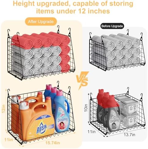 Sonyabecca 3-Pack Hanging Laundry Baskets, Foldable Metal Wire Shelves with 360° Rotating Hooks, Space-Saving Over Washer/Dryer or Closet Storage for Laundry Room & Closet Organization, Black