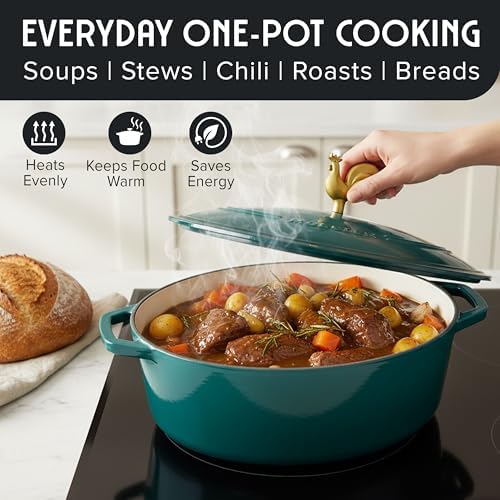 MUELLER HOME 5.5 Quart Enameled Cast Iron Oval Dutch Oven with Rooster Knob and Cotton Potholders, Heavy-Duty Cookware, Oven-Safe up to 500° F & Across All Cooktops, Thanksgiving Essentials, Emerald