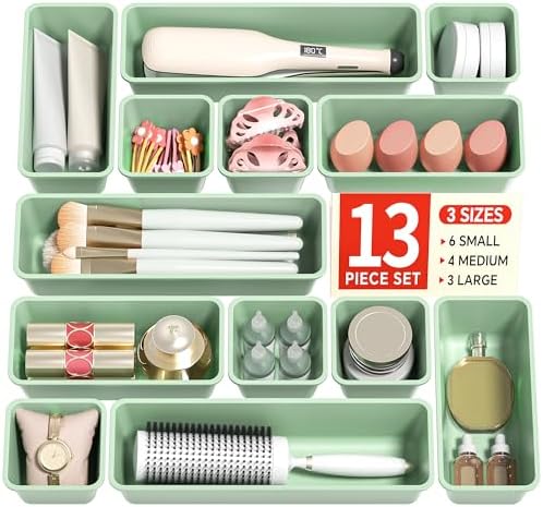 Canfanni 13 Pack Plastic Drawer Organizers Set, 3 Sizes Desk Drawer Organizer Trays for Vanity and Makeup Organizer, Organization and Storage for Makeup, Kitchen Utensils, Bathroom and Office(Green)