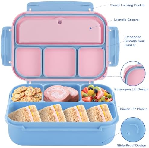 shell and turtle Bento Box Adult Lunch Box, Lunch Containers for Kids Girls Boys with 4 Compartments, Lunchable Food Container with Utensils, Sauce Jar, Muffin Liners, 40 Oz/5 Cup, Blue Pink