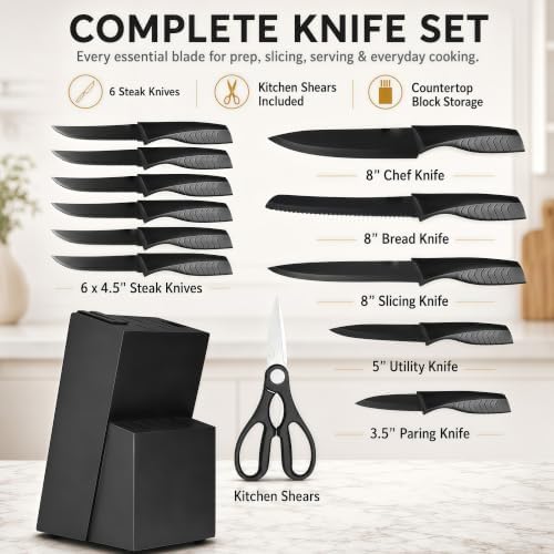 Knife Set with Built-in Sharpener Block, Dishwasher Safe