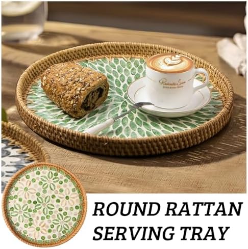 Round Rattan Tray with Mother of Pearl Inlay, Decorative Wicker Serving Tray with Wooden Base, Woven Basket Trays for Bread Fruits Coffee, Starfruit