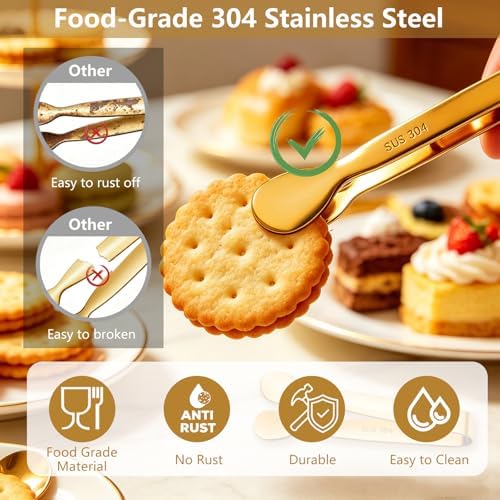 10pcs Mini Serving Tongs, 4.3" Stainless Steel Small Sugar Tongs, Ice Tongs Kitchen Mini Serving Tongs for Serving Food, Ice, Sugar Cube, Salad, Desserts, Coffee Bar, Tea Party, Desserts Party (Gold)