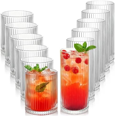 Ribbed Drinking Glasses 12pcs, 12oz and 10oz Glassware, Tumbler Glasses Cup Set for Wedding, Party, Christmas Gift, Clear