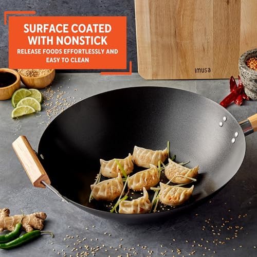 IMUSA 14 Inch Carbon Steel Nonstick Wok with Wood Handles, Black