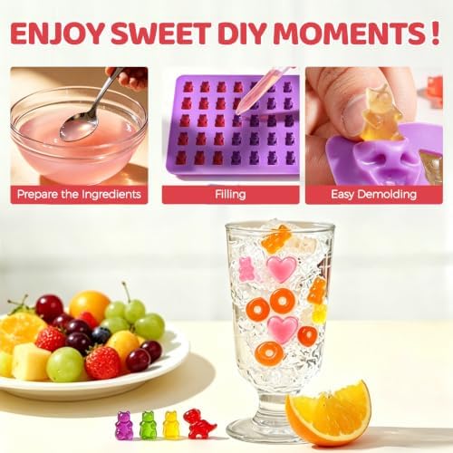 Gummy Bear Molds Silicone Mini Size, Non-stick Chocolate Candy Gummy Mold with 2 Droppers Including Dinosaur, Bear, Hearts and Donut Shape 201 Cavities