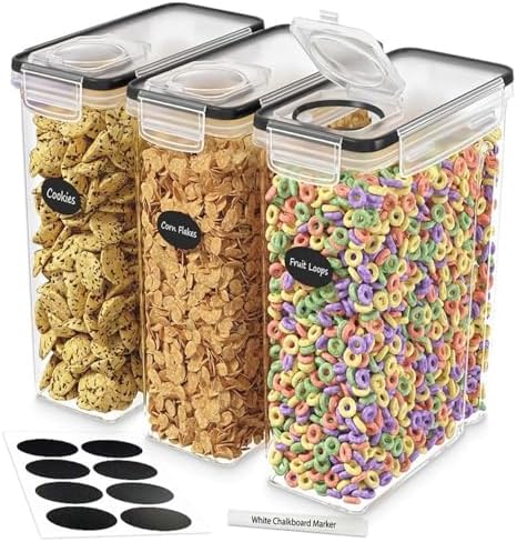DWËLLZA KITCHEN Cereal Containers Storage 3 Pack 135 fl. oz Cereal Dispenser Countertop, Airtight Food Storage Containers for Pantry Organization and Storage, Bpa-Free with Marker & Labels