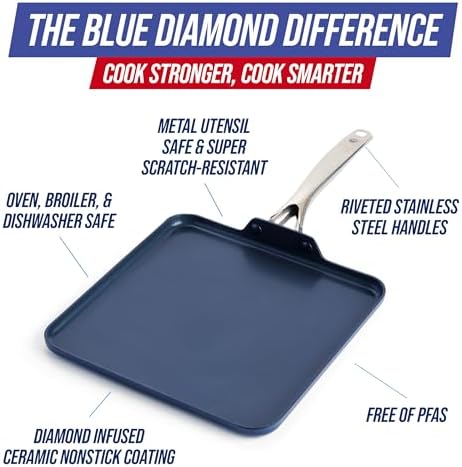 Blue Diamond 11" Diamond Infused Ceramic Nonstick Square Griddle Pan, Blue