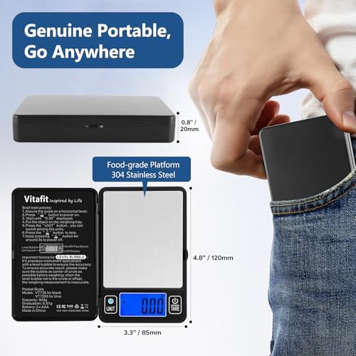 Vitafit 500g Digital Gram Scale in 0.01g, High Accuracy Assured by Built-in Level Bubble, Scale Professional Since 2001, Pocket Scale for Multi-Function: Kitchen, Food, Jewelry, Lab, Coffee, Black