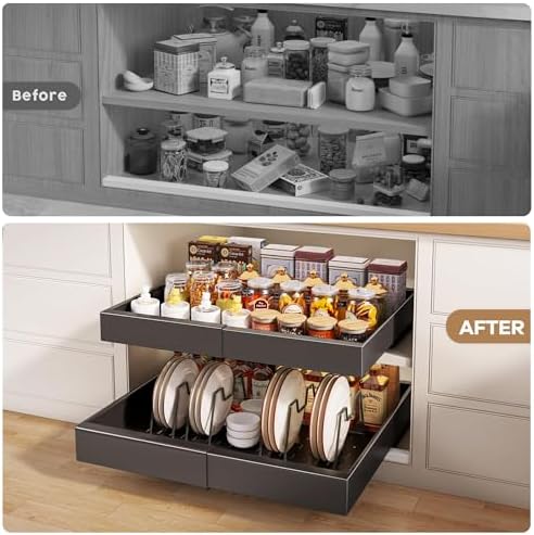 Seinloes 4 Pack Pull out Cabinet Organizer 21"Deep with Raising Pad for Framed Cabinets, Expandable Slide out Drawers for Kitchen Cabinets with 4pcs Divider Racks, Roll out Shelves 12.1"-20.4" W Black