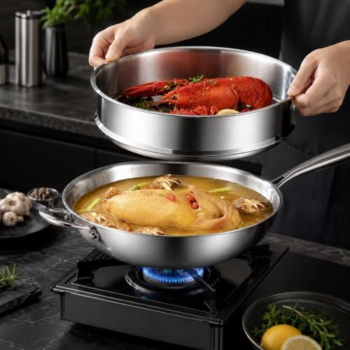 Toutrop 13Inch Titanium Wok with Lid,Titanium Wok Pan for Cooking,Non Stick Wok Pan With Steamer Basket,No Coating Titanium Frying Pans,PFAS/PFOA/PTFE Free Cookware