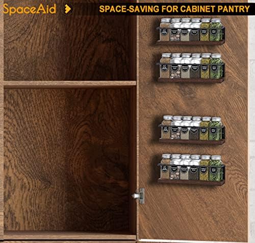 SpaceAid Spice Rack with 24 Spice Jars, 386 Spice Labels, Chalk Marker and Funnel, Wood Hanging Seasoning Shelf for Cabinet Door or Wall Mount (4 Pack)