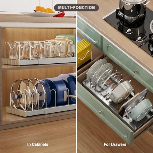 Magheo Expandable Food Storage Container Lid Organizers, 22" Pots and Pans Organizer Under Cabinet with 9 Adjustable Dividers Pot and Pan Lid Holders Rack Inside Cabinet(Gray,1 Pack)
