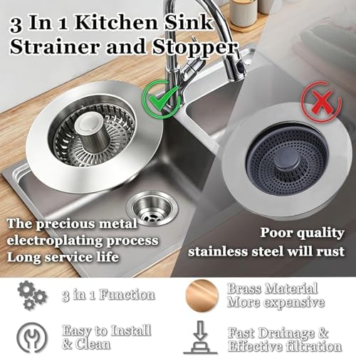 BAOLSLS 3 in 1 Kitchen Sink Stopper, Pop Up Kitchen Sink Drain Strainer