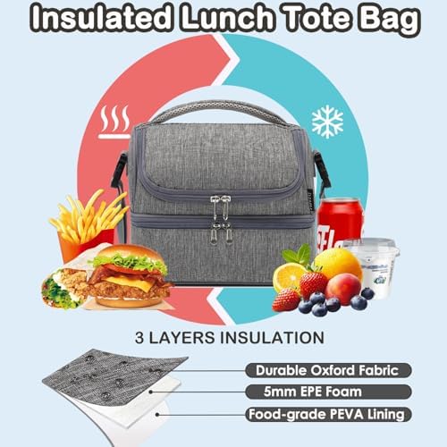 FlowFly Double Decker Cooler Insulated Lunch Bag Large Tote for Boys, Girls, Men, Women, With Adjustable Strap (Grey)