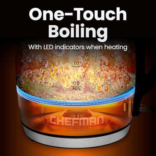 Chefman Electric Kettle 1500W, 1.8L Hot Water Boiler, Removable Lid for Easy Cleaning, LED Indicators, Auto Shutoff & Boil-Dry Protection, Borosilicate Glass Electric Tea Kettle – Stainless Steel