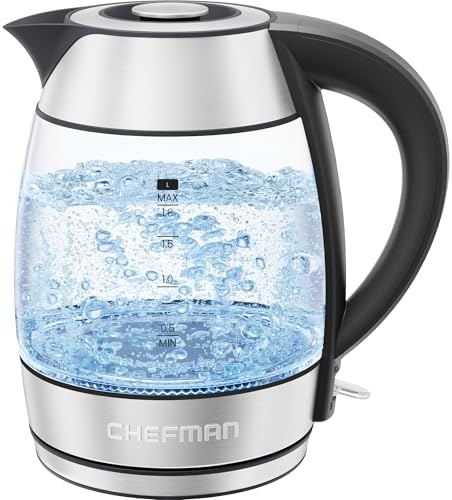 Chefman Electric Kettle 1500W, 1.8L Hot Water Boiler, Removable Lid for Easy Cleaning, LED Indicators, Auto Shutoff & Boil-Dry Protection, Borosilicate Glass Electric Tea Kettle – Stainless Steel