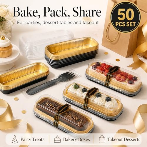 50 Pack Black Gold 6.8oz Mini Cake Pans with Lids