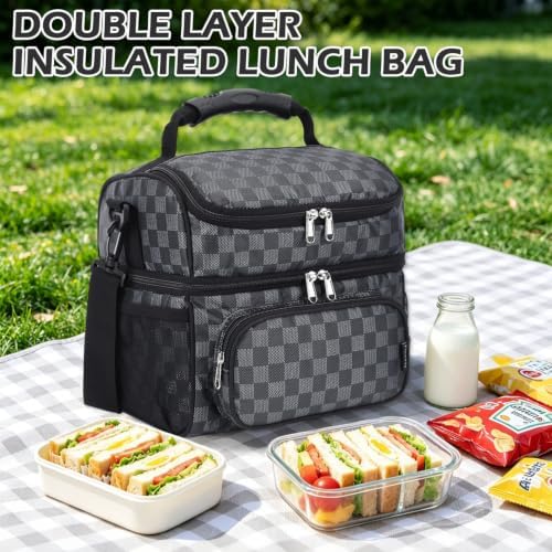 FlowFly Double Layer Cooler Insulated Lunch Bag Adult Lunch Box Large Tote Bag for Men, Women, With Adjustable Strap,Front Pocket and Dual Large Mesh Side Pockets