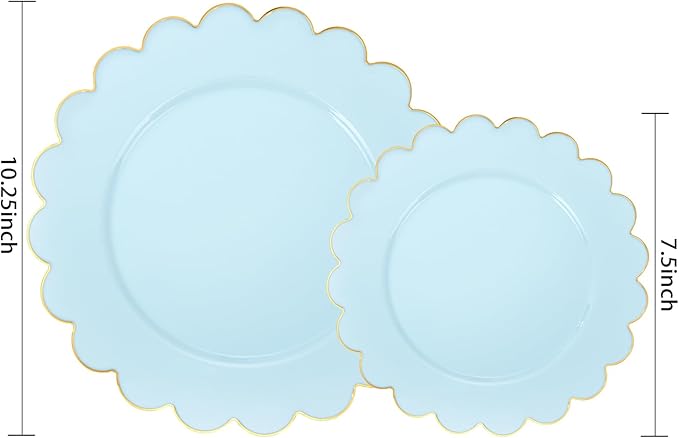 LIYH 60 Pcs Baby Blue Plastic Plates with Gold Edge - Disposable Light Blue Plastic Easter Plates Includes 30 Dinner Plate 10.25" and 30 Dessert Plate 7.5" for Party Birthday Easter