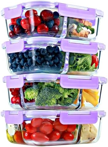 Glass Meal Prep Containers 2 & 3 Compartments with Lids 4 Pack 32 oz