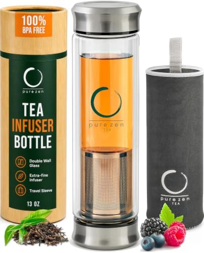 Pure Zen Tea Infuser Bottle, 13 oz, Tea Bottle with Infuser, Tea Gift Set