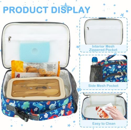 FlowFly Kids Lunch box Insulated Soft Bag Mini Cooer Back to School Thermal Meal Tote Kit for Girls, Boys,Dinosaur