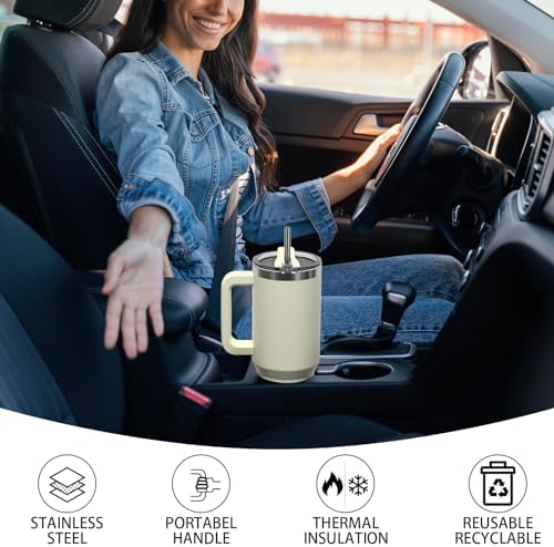 30 oz Tumbler with Handle,Tumbler with Lid and Straw,Double Wall Insulated Cup Stainless Steel Travel Mug(Cold for 34 Hours),Water Bottle for Iced Tea,Coffee,Cold Beverages(Cream White)