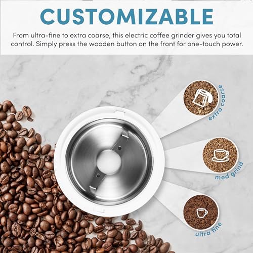 Aroma Housewares Mini Coffee Grinder and Electric Herb Grinder with 304 Stainless Steel Grinding Blades and a Premium Clear Lid (40 g.), White