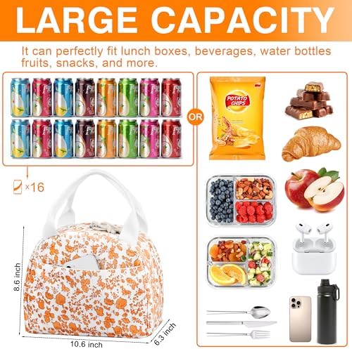 TESAFNG Lunch Bag - Insulated Lunch Box for Women, Reusable Large Capacity Cooler Bag for Adult, Small Leakproof Cute Corduroy Lunch Tote for Work Office Travel Picnic (Corduroy Orange-Flower)