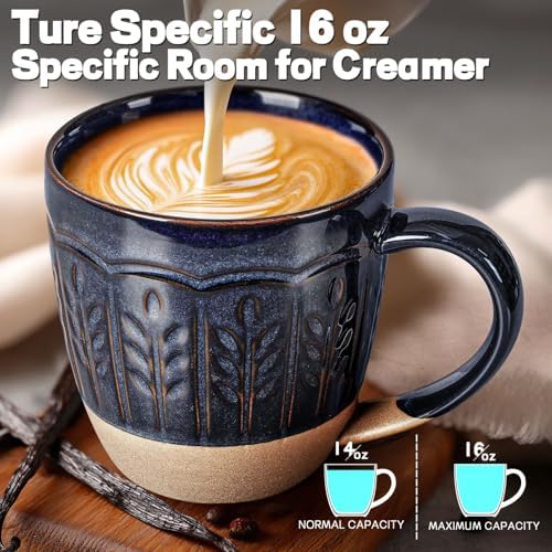 Artena Ceramic Coffee Mugs Set of 4, 16oz Embossed Large Latte Mugs Coffee Cups with Handle for Tea, Latte, Cappuccino & Cocoa, Milk Dishwasher & Microwave Safe, Blue (Wheat Leaf)
