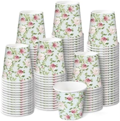 RUSPEPA 3oz Vintage Floral Paper Cups, 100 Pack Blue Pink Rose and Green Vine Design Disposable Small Party Cups for Bathroom, Mouthwash, Espresso, Wedding, Bridal Shower, Garden Tea Party Supplies