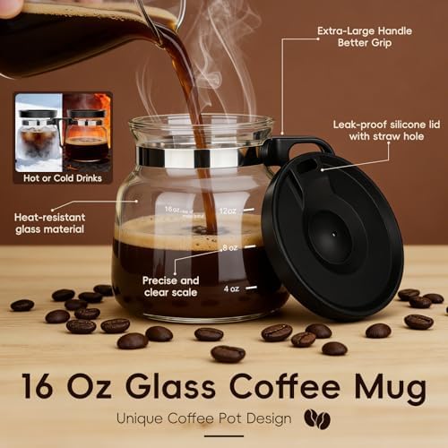 16 Oz Coffee Pot Mug,Mini Coffee Pot Cup,with Spill Proof Lid Heatproof Glass Mug Large Capacity ideal Gift for Coffee Lovers (1pcs)