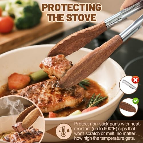 Wooden Cooking Tongs, 9 Inch Walnut Tips Heat Resistant Grilling